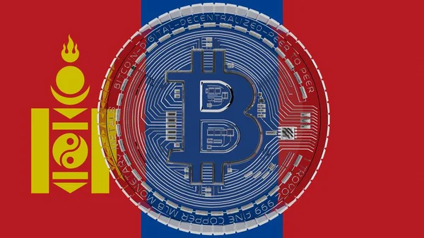 Duży Przezroczysty Szklany Bitcoin Centrum Szczycie Flagi Kraju Mongolia — Zdjęcie stockowe