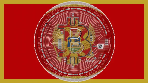 Velká Průhledná Skleněná Bitcoin Středu Vrcholu Země Vlajky Černé Hory — Stock fotografie