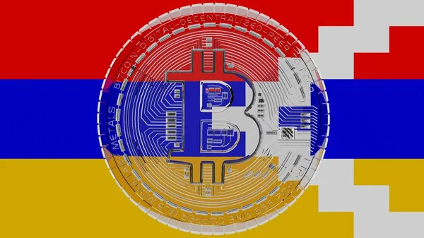 Duży Przezroczysty Szklany Bitcoin Środku Szczycie Flaga Kraju Górski Karabach — Zdjęcie stockowe