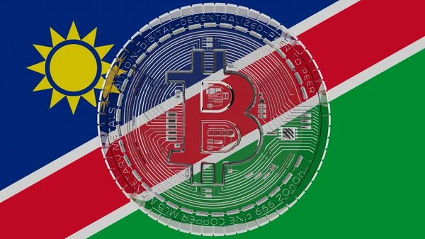 Stor Transparent Glas Bitcoin Centrum Och Toppen Landets Flagga Namibia — Stockfoto