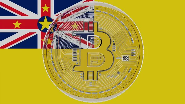 Merkezde ve Niue Bayrağı 'nın tepesinde büyük şeffaf cam Bitcoin