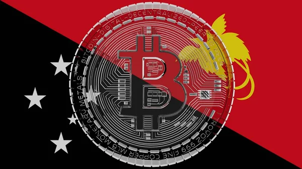 Stora Genomskinliga Glas Bitcoin Mitten Och Toppen Landet Flagga Papua — Stockfoto