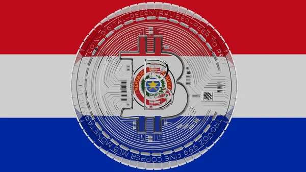 Bitcoin Kaca Transparan Besar Tengah Dan Atas Bendera Negara Paraguay — Stok Foto