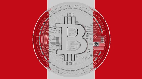 Grand Bitcoin Verre Transparent Centre Dessus Drapeau Pérou — Photo