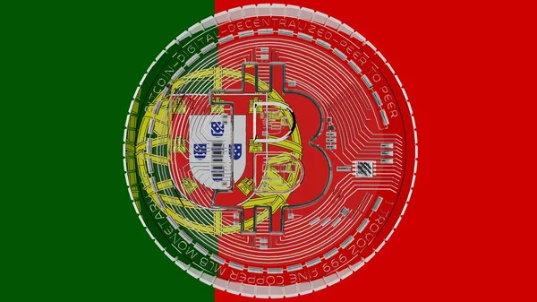 Duży Przezroczysty Szklany Bitcoin Centrum Szczycie Flagi Kraju Portugalii — Zdjęcie stockowe