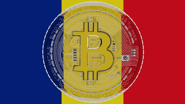 Merkezde ve Romanya Bayrağının tepesinde büyük şeffaf Cam Bitcoin
