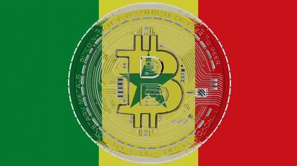 Merkezde ve Senegal Bayrağı 'nın tepesinde büyük şeffaf cam Bitcoin.