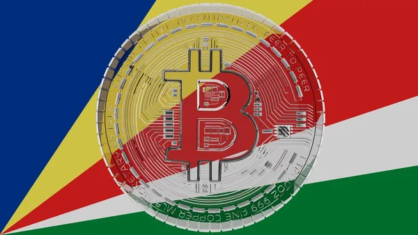 Grande Bitcoin Vidro Transparente Centro Topo Bandeira País Seychelles — Fotografia de Stock