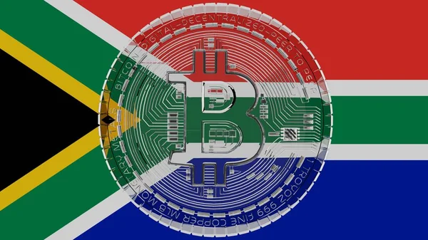 Grand Bitcoin Verre Transparent Centre Dessus Drapeau Pays Afrique Sud — Photo
