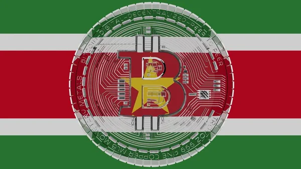 Stora Genomskinliga Glas Bitcoin Mitten Och Toppen Landet Flagga Surinam — Stockfoto