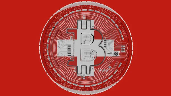 Stor Transparent Glas Bitcoin Mitten Och Ovanpå Den Schweiziska Flaggan — Stockfoto