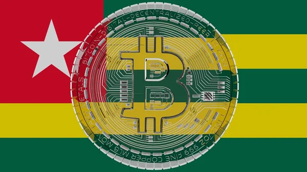 Merkezde ve Togo Bayrağı 'nın tepesinde büyük şeffaf cam Bitcoin.