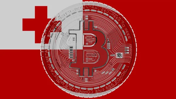 Stor Transparent Glas Bitcoin Mitten Och Toppen Landet Flagga Tonga — Stockfoto