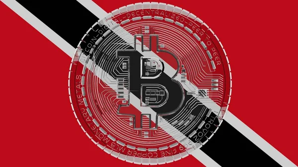 Stor Transparent Glas Bitcoin Centrum Och Toppen Landet Flagga Trinidad — Stockfoto