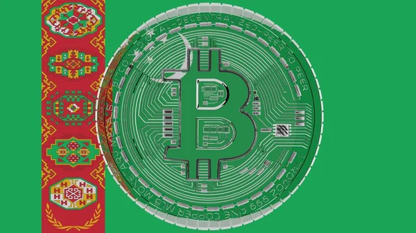 Grand Bitcoin Verre Transparent Centre Dessus Drapeau Pays Turkménistan — Photo