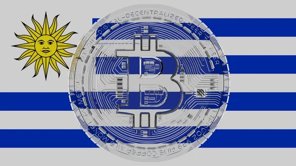 Grande Bitcoin Vidro Transparente Centro Topo Bandeira País Uruguai — Fotografia de Stock