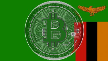 Merkezde ve Zambiya Bayrağı 'nın tepesinde büyük şeffaf Cam Bitcoin