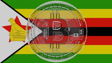 Merkezde ve Zimbabve Bayrağı 'nın tepesinde büyük şeffaf cam Bitcoin.