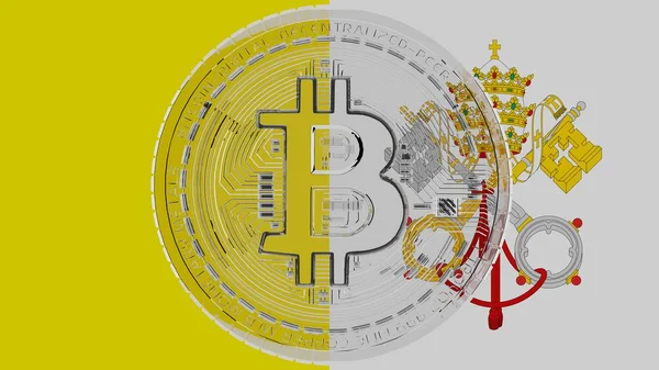 Merkezde ve Vatikan Bayrağı 'nın tepesinde büyük şeffaf cam Bitcoin.