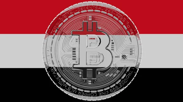 Bitcoin Kaca Transparan Besar Tengah Dan Atas Bendera Negara Yaman — Stok Foto