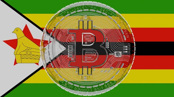 Large Transparent Glass Bitcoin Center Top Country Flag Zimbabwe Stock Picture