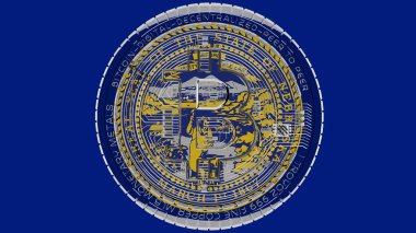 Large transparent Glass Bitcoin in center and on top of the US State Flag of Nebraska