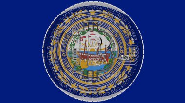 Large transparent Glass Bitcoin in center and on top of the US State Flag of New Hampshire