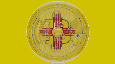 Large transparent Glass Bitcoin in center and on top of the US State Flag of New Mexico