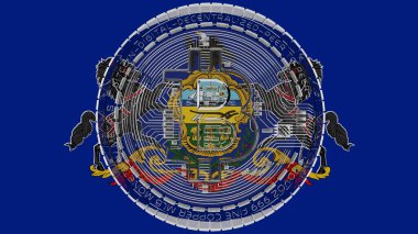 Large transparent Glass Bitcoin in center and on top of the US State Flag of Pennsylvania