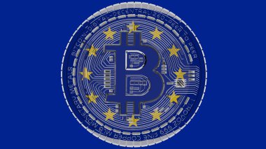 Merkezde ve Avrupa Birliği Bayrağı 'nın tepesinde büyük şeffaf Glass Bitcoin