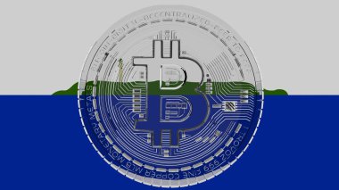 Merkezde ve Navassa Adasının Bayrağı 'nın tepesinde büyük şeffaf cam Bitcoin.
