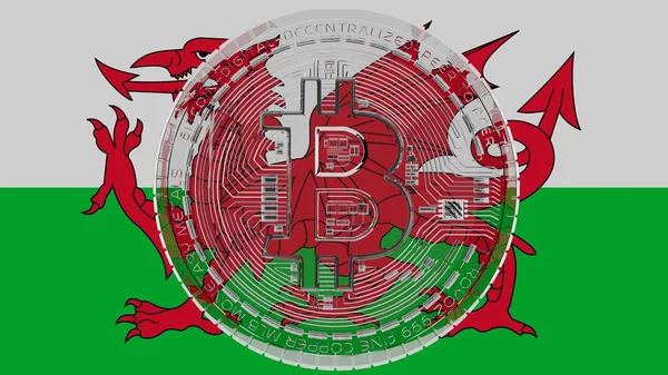 Grand Bitcoin Verre Transparent Centre Dessus Drapeau Pays Galles — Photo