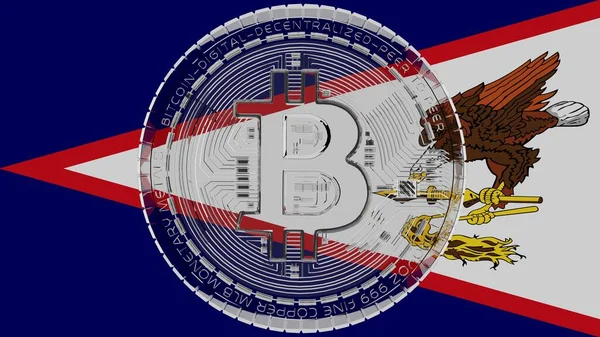 Grand Bitcoin Verre Transparent Centre Dessus Drapeau Des Samoa Américaines — Photo