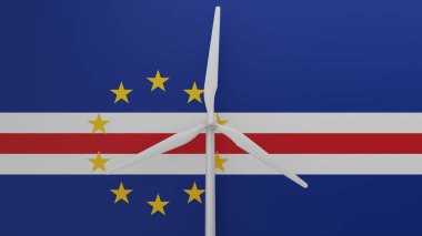 Merkezde, Cape Verde bayrağının arka planına sahip büyük bir rüzgar türbini.
