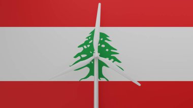 Merkezde Lübnan bayrağının arka planına sahip büyük bir rüzgar türbini