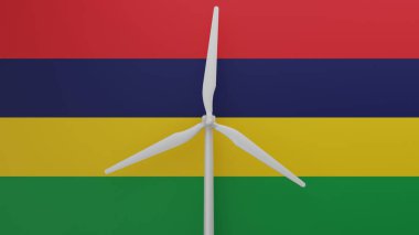 Merkezde Mauritius bayrağının arka planına sahip büyük bir rüzgar türbini.