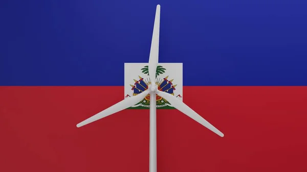 Merkezde Haiti Bayrağının Arka Planına Sahip Büyük Bir Rüzgar Türbini — Stok fotoğraf