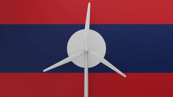Duża Turbina Wiatrowa Centrum Tłem Flagi Kraju Laosu — Zdjęcie stockowe