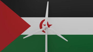 Sahra Arap Demokratik Cumhuriyeti bayrağının arka planına sahip büyük rüzgar türbini merkezde.