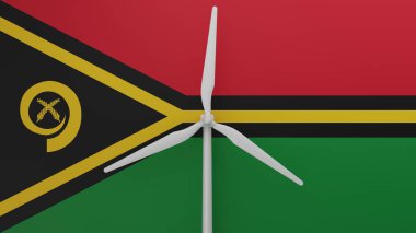 Vanuatu bayrağının arka planına sahip büyük rüzgar türbini merkezde.