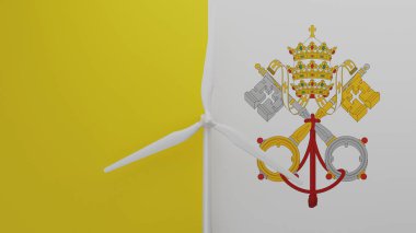 Merkezde Vatikan bayrağının arka planına sahip büyük bir rüzgar türbini var.