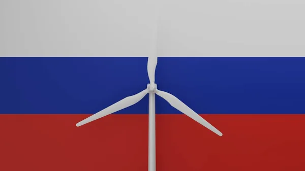 Large wind turbine in center with a background of the country flag of Russia