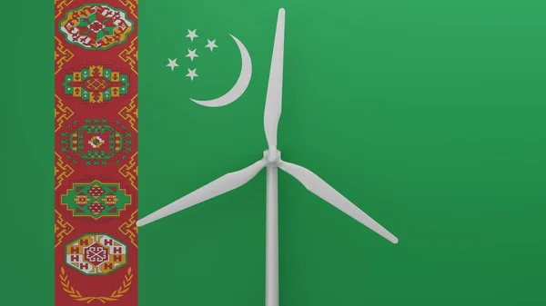 Merkezde Türkmenistan Bayrağının Arka Planına Sahip Büyük Bir Rüzgar Türbini — Stok fotoğraf