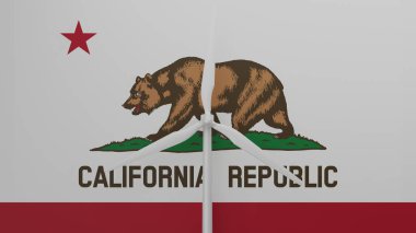 Kaliforniya 'nın ABD bayrağının arka planına sahip büyük rüzgar türbini merkezde