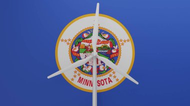 ABD 'nin Minnesota bayrağının arka planına sahip büyük rüzgar türbini merkezde.