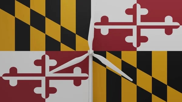 メリーランド州旗を背景に 中央に大きな風力タービン — ストック写真