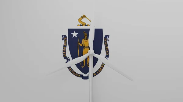 Large Wind Turbine Center Background State Flag Massachusetts — Stock Photo, Image