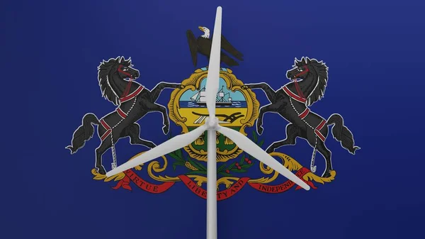 Großes Windrad Der Mitte Mit Dem Hintergrund Der Flagge Des — Stockfoto