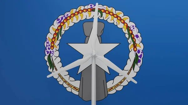 北マリアナ諸島の旗を背景に 中央に大きな風力タービン — ストック写真