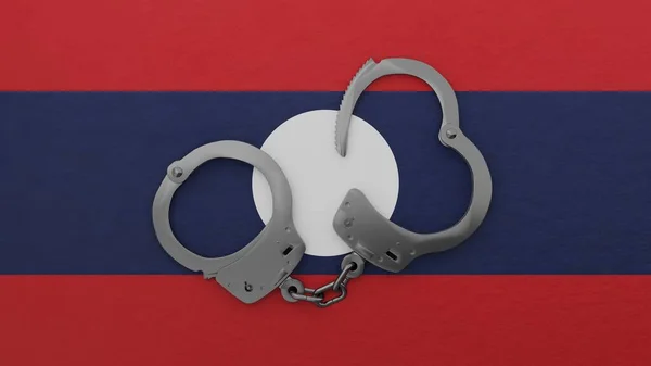 Połowie Otwarte Stalowe Kajdanki Środku Szczycie Flagi Narodowej Laosu — Zdjęcie stockowe